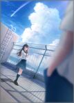  1girl 1other absurdres arms_behind_back black_hair blue_sailor_collar blue_serafuku blue_skirt blue_socks blurry blurry_foreground brown_eyes brown_footwear chain-link_fence cloud comet day fence hands_in_pockets highres keikakuteki_shitsuren_to_wonder_love kneehighs ladder loafers long_hair looking_at_viewer neckerchief outdoors red_neckerchief rooftop sailor_collar school_uniform serafuku shoes shooting_star skirt sky socks soraciel standing 