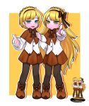  1boy 1girl absurdres black_pantyhose blonde_hair blue_eyes boots bow brooch brother_and_sister brown_capelet brown_footwear brown_skirt capelet frilled_sleeves frills green_eyes hair_bow headband highres jewelry kangrim39 lobotomy_corporation long_hair neck_ribbon pantyhose project_moon ribbon short_hair siblings skirt tiphereth_a_(project_moon) tiphereth_b_(project_moon) yellow_brooch 