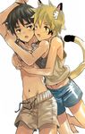 animal_ears barefoot coin_rand fangs highres hug hug_from_behind male_focus multiple_boys navel neko_otouto one_eye_closed open_mouth original shirt_lift shorts simple_background tail white_background 