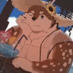 anthro antlers blue_eyes brown_body brown_fur clothing deer flower fur furniture hat headgear headwear hi_res horn kazusa male mammal markings one_eye_closed overweight plant solo spots spotted_body spotted_fur straw_hat sunflower table tamacolle umbrella unchira_occhira wink
