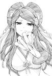  1girl bridal_gauntlets fire_emblem fire_emblem_fates greyscale hair_ornament half-closed_eyes long_hair looking_at_viewer monochrome orochi_(fire_emblem) simple_background smug solo ten_(tenchan_man) upper_body white_background 