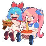  2girls ^_^ apron between_legs blue_bow blue_dress blue_footwear blue_hair blush bow bow_hairband chibi chopsticks closed_eyes commentary_request dress eating food gashi-gashi hair_bow hairband highres holding holding_chopsticks holding_food long_hair looking_at_food multiple_girls multiple_hair_bows noodles omega_rei omega_rio omega_sisters open_mouth outstretched_legs pink_hair puffy_short_sleeves puffy_sleeves ramen red_bow red_footwear red_shirt red_shorts sandwich shirt shoes short_dress short_hair short_sleeves shorts side-by-side simple_background smile steam thighhighs trading_card twintails virtual_youtuber white_apron white_background white_thighhighs yellow_eyes yu-gi-oh! 