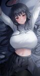  1girl absurdres arms_up black_hair black_skirt blue_archive breasts doka_l hair_ornament highres huge_breasts long_hair looking_at_viewer rio_(blue_archive) shirt skirt stomach sweater turtleneck turtleneck_sweater white_shirt 