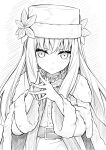  1girl belt belt_buckle buckle christmas expressionless fire_emblem fire_emblem:_three_houses fire_emblem_heroes flower fur_hat fur_trim greyscale hat hat_flower long_hair looking_at_viewer lysithea_von_ordelia lysithea_von_ordelia_(winter) monochrome official_alternate_costume simple_background solo steepled_fingers ten_(tenchan_man) upper_body white_background 