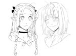 2girls blush braid choker closed_eyes closed_mouth commentary_request dog_9uk dungeon_meshi elf falin_touden falin_touden_(tallman) french_braid greyscale hair_ribbon korean_commentary long_hair marcille_donato medium_hair monochrome multiple_girls pointy_ears ribbon smile twin_braids 