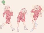  1girl =_= ahoge chinese_commentary clover commentary_request exhausted four-leaf_clover full_body grey_hair hands_on_own_knees heavy_breathing highres jacket leaning_forward legs_apart long_hair long_sleeves lying multicolored_hair no_shoes on_back onii-chan_wa_oshimai! oyama_mahiro pink_hair ponytail red_jacket red_shorts running shoes shorts simple_background sneakers sock_pull socks track_jacket track_suit two-tone_hair white_footwear white_socks ziyan_yi 