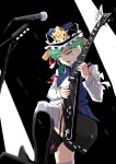  1girl asymmetrical_hair black_background black_footwear black_skirt blue_hat blue_vest bright_pupils commentary_request electric_guitar frilled_hat frills green_eyes green_hair guitar hat highres instrument long_sleeves looking_at_viewer microphone open_mouth ribbon-trimmed_skirt ribbon_trim sakamoto_fred shiki_eiki short_hair skirt solo thighhighs touhou two-tone_background vest white_background white_pupils white_thighhighs 