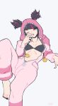  1girl absurdres black_bra black_hair bra breasts drill_hair hair_horns hair_through_hood han_juri highres medium_breasts multicolored_hair nail_polish navel onesie open_pajamas pajamas solo street_fighter street_fighter_6 toeless_legwear tunacan_olive twin_drills underwear 