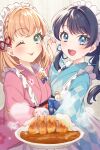  2girls :d ;p absurdres alarm_clock apron aqua_eyes argyle_clothes argyle_kimono blue_bow blue_eyes blue_hair blue_kimono blue_ribbon blush bow chicken_(food) clock closed_mouth commentary crossed_bangs curry curry_rice dark_blue_hair dress_bow floral_print_kimono food frilled_apron frills grey_background hair_ribbon highres hinoshita_kaho holding holding_hands holding_plate incoming_food interlocked_fingers japanese_clothes katsu_(food) katsu_curry kimono kyaku_tasu link!_like!_love_live! long_hair long_sleeves looking_at_viewer love_live! low_twintails maid maid_headdress medium_hair mole mole_on_neck multiple_girls murano_sayaka official_alternate_costume official_alternate_hairstyle one_eye_closed open_mouth orange_hair pink_kimono plate ribbon rice signature smile sparkle teeth tongue tongue_out twintails two_side_up upper_teeth_only virtual_youtuber wa_maid waist_apron white_headdress wide_sleeves yellow_bow 