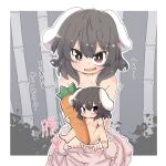  1girl animal_ears bamboo bamboo_forest black_hair blush breasts bright_pupils carrot censored character_censor chibi commentary_request cowboy_shot dress floppy_ears forest grey_background hair_between_eyes highres inaba_tewi looking_at_viewer medium_bangs medium_hair nature nipples novelty_censor ooyama_bokuchi open_mouth paid_reward_available pink_dress rabbit_ears rabbit_girl rabbit_tail red_eyes small_breasts smile tail touhou translation_request undressing white_pupils 