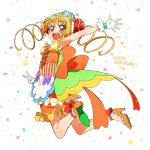  1girl china_dress chinese_clothes cure_yum-yum delicious_party_precure dress food gloves hanamichi_ran heart high_heels highres jumping noodles precure ribbon twintails v yufu_kyouko 