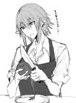  1boy apple apron collared_shirt dress_shirt ear_piercing final_fantasy final_fantasy_xiv food fruit greyscale hair_between_eyes haurchefant_greystone highres holding holding_food holding_knife kinona knife male_focus monochrome peeling piercing plate pointy_ears shirt short_sleeves simple_background sketch solo translation_request upper_body white_background 