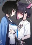  2girls :d absurdres animal_ear_fluff animal_ears arrow_(symbol) asymmetrical_docking black_choker black_eyes black_hair black_jacket blue_archive blunt_bangs blush bob_cut bow_choker breast_press breasts cat_ears cat_girl cat_tail choker clothes_around_waist collarbone colored_inner_hair commentary_request extra_ears eyeshadow halo haori height_difference highres jacket jacket_around_waist japanese_clothes jewelry kazusa_(band)_(blue_archive) kazusa_(blue_archive) kikyou_(blue_archive) long_sleeves looking_at_another makeup mask medium_breasts mouth_mask multicolored_hair multiple_girls multiple_tails nekomata official_alternate_costume parted_bangs pizza_(pizzania_company) red_eyes red_eyeshadow ring school_uniform serafuku shirt short_hair short_sleeves sidelocks simple_background small_breasts smile smirk surgical_mask t-shirt tail two-tone_hair two_tails white_serafuku white_shirt 