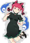  :3 animal_ear_fluff animal_ears black_dress black_footwear black_ribbon blunt_bangs braid bright_pupils cat_ears cat_girl closed_mouth commentary_request dress grey_background highres hitodama kaenbyou_rin leg_ribbon leg_up looking_at_viewer medium_hair red_eyes red_hair red_nails ribbon sakamoto_fred short_sleeves side_braids touhou twin_braids white_pupils 