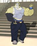 absurd_res anthro avian belt biceps big_biceps big_muscles bird blue_eyes bracelet clothing countershading feathers feet gesture head_tuft hi_res huge_muscles jewelry male midriff muscular muscular_arms owl parttimeyeen_(artist) pecs shirt solo stairs tank_top toes topwear tuft underwear waving