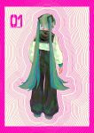  1girl absurdres adapted_costume arms_at_sides black_pants black_sailor_collar border commentary english_commentary facing_away from_behind full_body green_hair hair_ornament hatsune_miku highres long_hair long_sleeves n00dlesandwitch outline pants parted_hair pink_border pink_outline sailor_collar shirt solo standing twintails very_long_hair vocaloid white_background white_shirt 