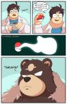 anthro bear black_hair brown_body brown_fur comic duo english_text eyewear fur gendomx generation_8_pokemon glasses hair hi_res human male male/male mammal muscular muscular_anthro muscular_male nintendo pecs pokeball pokemon pokemon_(species) professor_neroli text ursaluna