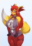 anthro big_breasts blush breasts buransan canid canine clothed clothing delphox female fur generation_6_pokemon hair hi_res inner_ear_fluff mammal nintendo pokemon pokemon_(species) simple_background smile solo tail tuft white_background yellow_body yellow_fur