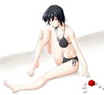  bikini black_hair breast_press breasts contemporary hat hat_removed headwear_removed large_breasts looking_at_viewer niwatazumi red_eyes shameimaru_aya short_hair side-tie_bikini sitting smile solo swimsuit tokin_hat touhou 