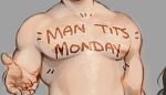  1boy aliiwa bara body_writing head_out_of_frame highres image_macro_(meme) large_pectorals male_focus meme muscular muscular_male nipples offering_hand original pectorals solo thick_chest_hair thick_navel_hair upper_body 