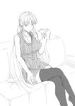  book braid breasts casual contemporary couch crossed_legs digital_media_player greyscale highres hong_meiling ipod large_breasts light_smile long_hair looking_at_viewer monochrome niwatazumi no_hat no_headwear ribbed_sweater sitting solo sweater thighhighs touhou twin_braids very_long_hair zettai_ryouiki 