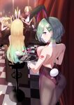  absurdres aizawa_ema animal_ears arm_tattoo ass back backless_outfit bar_(place) bare_back bare_shoulders black_headband black_leotard black_pantyhose blonde_hair bow bowtie breasts checkered_floor counter cup detached_collar drink drinking_glass ear_piercing green_hair hair_ornament headband highleg highleg_leotard highres holding holding_tray leotard light_smile long_hair looking_at_viewer looking_back medium_breasts multicolored_hair multiple_girls pantyhose piercing playboy_bunny purple_eyes qmiopx rabbit_ears rabbit_tail red_bow red_bowtie short_hair tail tattoo tray virtual_youtuber vspo! wrist_cuffs yakumo_beni 