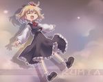  ascot blonde_hair closed_eyes fang hair_ribbon long_sleeves nekoguruma open_mouth ribbon rumia shirt short_hair skirt skirt_set smile solo touhou vest 