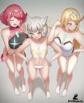  3girls absurdres bare_legs bikini blonde_hair breasts chest_jewel grey_hair highres large_breasts multiple_girls mythra_(radiant_beach)_(xenoblade) mythra_(xenoblade) one-piece_swimsuit pyra_(pro_swimmer)_(xenoblade) pyra_(xenoblade) red_hair ribbed_swimsuit standing strapless strapless_one-piece_swimsuit swimsuit tiara two-tone_swimsuit xenoblade_chronicles_(series) xenoblade_chronicles_2 zambonito 