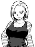  android_18 breasts dragon_ball dragon_ball_z greyscale hand_on_hip large_breasts mature monochrome short_hair smile solo striped tsukudani_(coke-buta) 