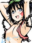  areola_slip areolae armpits arms_up black_hair blue_eyes bow breasts chain chikuishi facial_mark hair_bow kunihiro_hajime revealing_clothes saki sketch small_breasts smile solo star 