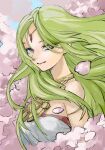  1girl breasts cherry_blossoms forehead_jewel green_eyes green_hair highres kid_icarus kid_icarus_uprising long_hair looking_at_viewer mono_(monomono1998) palutena petals solo upper_body 
