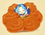  :d ^_^ blue_hair blueberry_(5959) bread chibi closed_eyes food gem hood hoop jewelry kesa kumoi_ichirin minigirl open_mouth smile solo touhou unzan 