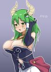  1girl aura_(sousou_no_frieren) aura_(sousou_no_frieren)_(cosplay) black_gloves black_shirt blush breasts character_name cleavage clothing_cutout commentary_request cookie_(touhou) cosplay cowboy_shot cross elbow_gloves facepaint gloves green_eyes green_hair grey_background hand_in_own_hair highres jewelry kochiya_sanae large_breasts long_hair navel navel_cutout necklace open_mouth outline paseri_(cookie) pura_(aiueo256375) shirt single_hair_tube single_sidelock skirt smile solo sousou_no_frieren strapless strapless_shirt touhou white_outline white_skirt 