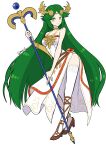 1girl breasts chain diadem forehead_jewel frisk_kunn full_body gold_chain green_eyes green_hair high_heels kid_icarus kid_icarus_uprising long_hair looking_at_viewer palutena simple_background single_thighhigh solo staff standing thighhighs twitter_username very_long_hair white_background 