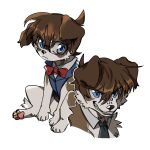  1boy animal animalization black_necktie blue_eyes blue_vest bow bowtie brown_dog brown_hair closed_mouth collared_vest detached_collar deviidog0 dog edogawa_conan english_commentary full_body glasses grin highres looking_at_viewer meitantei_conan multiple_views necktie no_humans puppy red_bow red_bowtie short_hair simple_background sitting smile vest white_background 