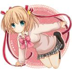  bad_id bad_pixiv_id blonde_hair bow green_eyes hair_ribbon kamikita_komari little_busters! pink_bow ribbon school_uniform short_hair sweater ura_(ura-tennislove) 