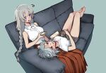  2girls alpaca_opo alternate_costume barefoot blue_eyes braid breasts cellphone cevio collared_shirt commentary_request dolphin_shorts double_bun feet_out_of_frame grey_hair grey_shorts hair_bun highres holding holding_phone holding_stuffed_toy kizuna_akari koharu_rikka lakiston lap_pillow large_breasts long_hair long_skirt looking_at_another low_twin_braids multiple_girls phone pink_eyes red_skirt shirt short_hair short_shorts shorts skirt sleeveless sleeveless_shirt smartphone smile squiggle stuffed_animal stuffed_toy synthesizer_v t-shirt teddy_bear twin_braids v-shaped_eyebrows voiceroid yuri 