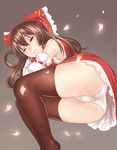  ascot ass bad_id bad_pixiv_id blush bow brown_hair brown_legwear cherry_blossoms closed_eyes detached_sleeves grey_background hair_bow hakurei_reimu highres knees_up legs_together long_hair lying panties petals ribbon shoutai_(7490773) skirt sleeping smile solo thighhighs touhou underwear white_panties 