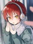  1boy blurry blurry_foreground breath commentary green_sweater hair_between_eyes headphones highres long_sleeves looking_at_viewer male_focus original parted_lips pillow_(nutsfool) red_hair scarf solo sweater symbol-only_commentary upper_body white_scarf yellow_eyes 