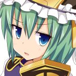  1girl blue_eyes commentary_request epaulettes frilled_hat frills gin&#039;you_haru green_hair hat looking_at_viewer open_mouth portrait profile_picture shiki_eiki short_hair simple_background solo touhou upper_body white_background 