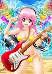  beach bikini breasts cleavage guitar headphones instrument kuroi_shinshi long_hair medium_breasts nitroplus ocean outdoors pink_hair red_eyes smile solo speaker super_sonico swimsuit water yellow_bikini 