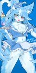 2024 5_fingers ahoge anthro apron beverage big_breasts biped blue_background blue_body blue_bottomwear blue_clothing blue_fur blue_hair blue_skirt blue_suit blush blush_lines bottomwear breasts chest_tuft claws clothed clothing container crotch_lines crotch_tuft cup curvy_figure dipstick_tail domestic_cat eyebrow_through_hair eyebrows eyelashes eyelashes_through_hair fangs felid feline felis female fingers frilly frilly_bottomwear frilly_clothing frilly_skirt fur hair hat headgear headwear heterochromia hi_res hourglass_figure inner_ear_fluff japan_air_self-defense_force japanese_text kemono kikury long_hair looking_at_viewer male_(lore) mammal markings midriff military_cap multicolored_body navel omaneko_(jasdf) portrait red_eyes simple_background skirt small_waist solo suit tail tail_markings teeth text thick_thighs three-quarter_portrait translucent translucent_hair tuft two_tone_body white_apron white_clothing wide_hips yellow_eyes