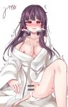  1girl after_sex alternate_costume bar_censor bite_mark bite_mark_on_breast bite_mark_on_thigh blush breasts brown_hair censored commentary_request cum cum_in_pussy cumdrip frilled_hair_tubes frills hair_tubes hakurei_reimu highres long_hair looking_at_viewer mito_(fate) nipples open_mouth red_eyes signature solo spread_legs sweat tears touhou trembling 