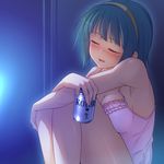  beer_can blush breast_press breasts can closed_eyes drunk green_hair hairband idolmaster idolmaster_(classic) large_breasts mole mole_under_mouth otonashi_kotori racer_(magnet) smile solo 