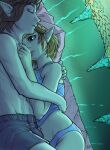  1boy 1girl blonde_hair brown_hair closed_eyes green_eyes highres hug light_dragon_(zelda) link madras_(anothermadras) panties parted_lips pointy_ears princess_zelda shirt short_hair sleeping the_legend_of_zelda the_legend_of_zelda:_tears_of_the_kingdom topless_male underwear 