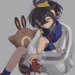  1boy black_hair collared_shirt crossed_bangs donguri_png gloves grey_background hair_between_eyes highres holding holding_poke_ball hugging_own_legs jacket kieran_(pokemon) long_sleeves looking_at_viewer male_focus mole mole_on_neck multicolored_hair partially_fingerless_gloves poke_ball poke_ball_(basic) pokemon pokemon_(creature) pokemon_sv purple_hair red_gloves sentret shirt shoes shorts simple_background single_glove socks solo twitter_username yellow_eyes 