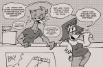 anthro avian bird canid canine canis cash_register dialogue domestic_dog duo english_text eyewear female galactabee glasses greyscale hi_res humor male mall mammal monochrome nikki_(galactabee) scared text