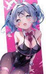  1girl absurdres animal_ears black_leotard blue_eyes blue_hair blush bound bound_wrists breasts commentary cuffs fake_animal_ears hair_ornament handcuffs hatsune_miku heart heart-shaped_pupils highres kuromu_(96-94) kuromu_(krm_94xxx) leotard looking_at_viewer medium_breasts open_mouth pantyhose playboy_bunny rabbit_ears rabbit_hole_(vocaloid) smile solo symbol-shaped_pupils teardrop_facial_mark thigh_gap thigh_strap twintails vocaloid x_hair_ornament 