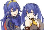  2girls alternate_hair_color bare_shoulders blue_cape blue_gloves blue_hair cape closed_eyes commentary eri_(erikiri) fingerless_gloves fire_emblem fire_emblem_awakening gloves hair_between_eyes hands_on_another&#039;s_shoulders long_hair long_sleeves lucina_(fire_emblem) multiple_girls open_mouth red_cape severa_(fire_emblem) siblings sisters symbol-only_commentary teeth tiara twintails two-tone_cape upper_body 