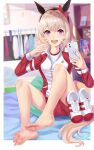  1girl animal_ears barefoot blurry blurry_background cellphone curren_chan_(umamusume) evefly_megane_p feet foot_focus grey_hair highres horse_ears horse_girl horse_tail jacket looking_at_viewer no_shoes open_mouth phone purple_eyes selfie sitting soles solo tail toes tracen_training_uniform track_jacket track_suit umamusume variant_set 